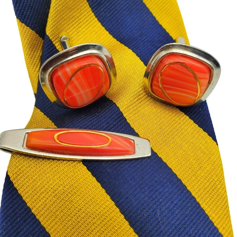 Vintage Orange Lucite Gold Swirl Cufflinks Tie Bar Set Silver Tone MCM Mens Mod